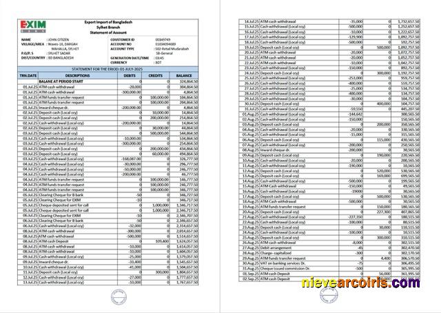 Bangladesh Exim Bank statement of account Word and PDF, 2 pages